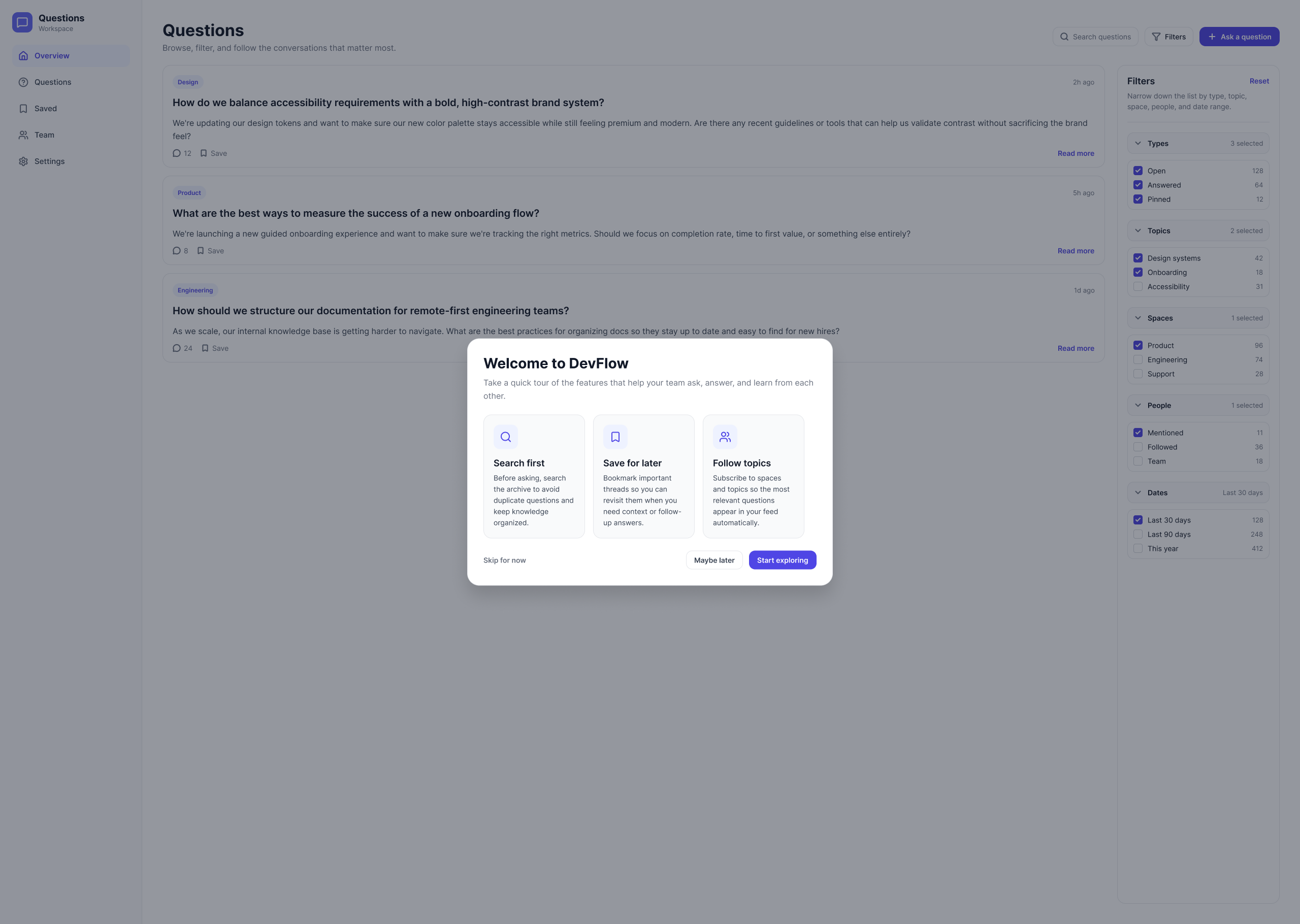 Questions onboarding modal